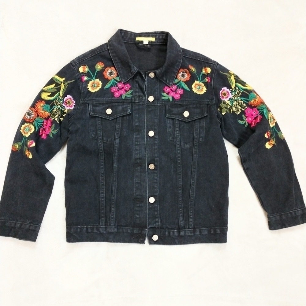 Gianni Bini Embroidered Black Jean Jacket Sz S